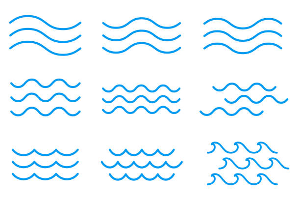 illustrations, cliparts, dessins animés et icônes de ensemble d'icône d'ondes d'eau de ligne, signe - ridé surface liquide illustrations