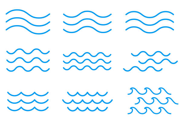illustrazioni stock, clip art, cartoni animati e icone di tendenza di set di onde d'acqua linea icona, segno - simbolo illustrazioni