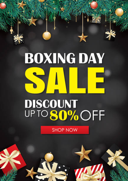 istock Boxing day sale with gift box advertising poster template. Use for flyer, banner, christmas seasonal offer, discount. 1189542377