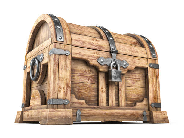 istock Old wooden chest box with treasure isolated on white background. 1189543396
