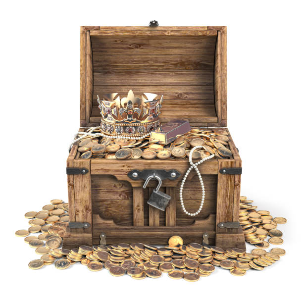 흰색 배경에 고립 된 황금 동전, 금및 보석으로 가득 찬 보물 상자를 엽니 다. - jewelry gold treasure chest wealth 뉴스 사진 이미지