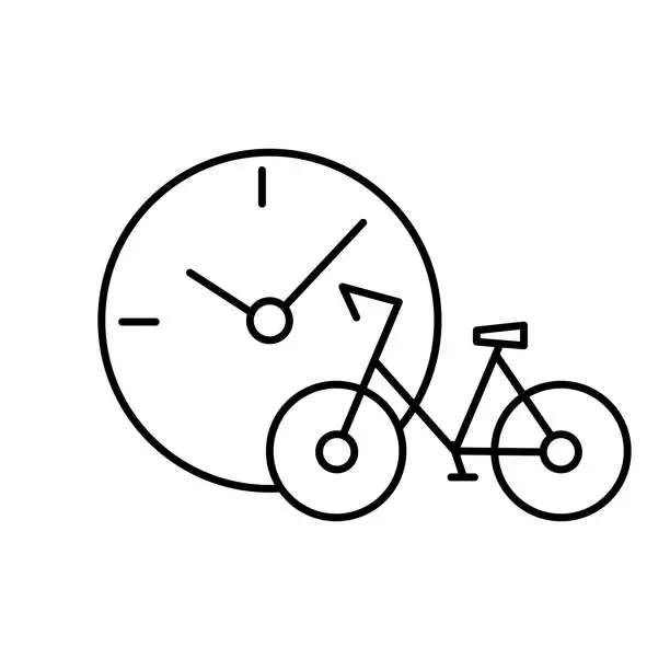 Vector illustration of Bike and clock with minute and hour hand. The temporary period of using a public bicycle in the rental and sharing of transport. Editable outline stroke linear icon. Thin vector black contour