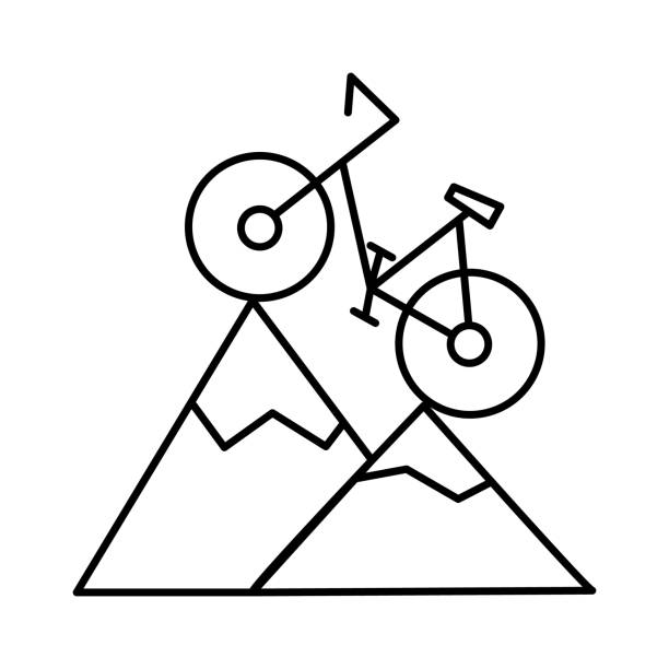 illustrations, cliparts, dessins animés et icônes de le vélo de montagne grimpe au sommet des collines enneigées. icône de vélo linéaire de course de contour editable. contour noir vectorielle mince - bicycle silhouette design element mountain bike