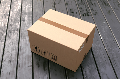 Cardboard box on porch floor in front of entrance door. Doorstep parcel delivery, free shipping, and online shopping concept. 3D illustration