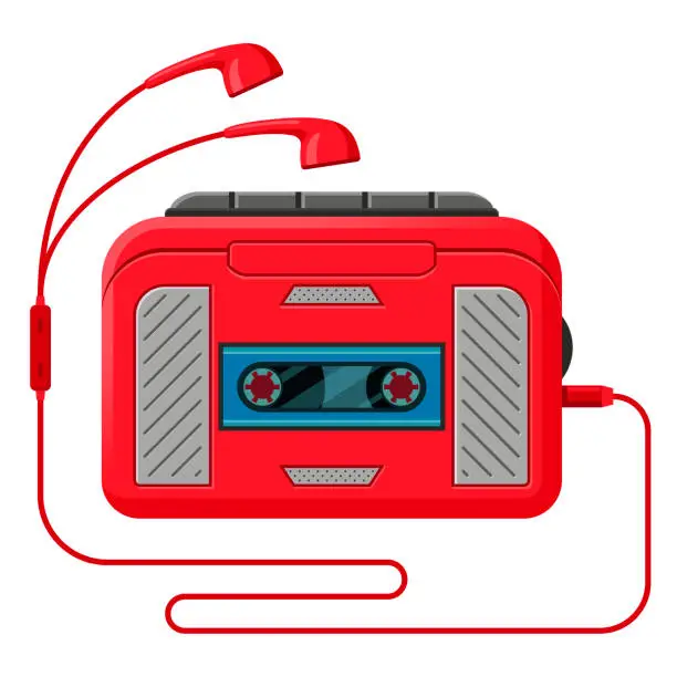 Vector illustration of Cassette player with headphones flat vector illustration