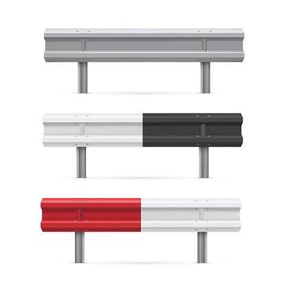 Metal road barriers flat vector illustrations set. Red, black, white traffic safety equipment. Metallic guarding rails isolated on white background. Roadside obstacles, limiting bars
