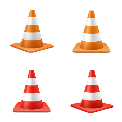 Red and orange road cones realistic illustrations set. Traffic safety symbols isolated on white background. 3d striped pylons, street obstacle equipment. Roadworks danger barrier alert