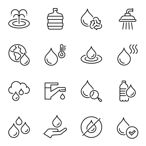 Water usage thin line contour icons set Water usage thin line contour icons set. Natural water circulation, consumption, environmental pollution linear symbols. Tap, shower with droplet, natural spring isolated vector outline illustration usage stock illustrations