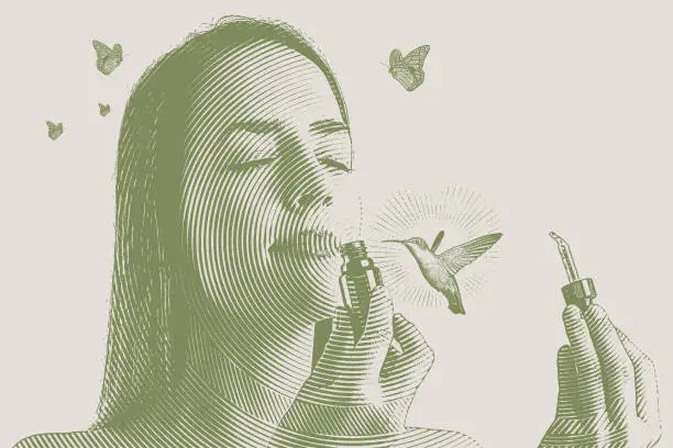 Vector illustration of Multiple Exposure of young woman smelling essential oils with hummingbird