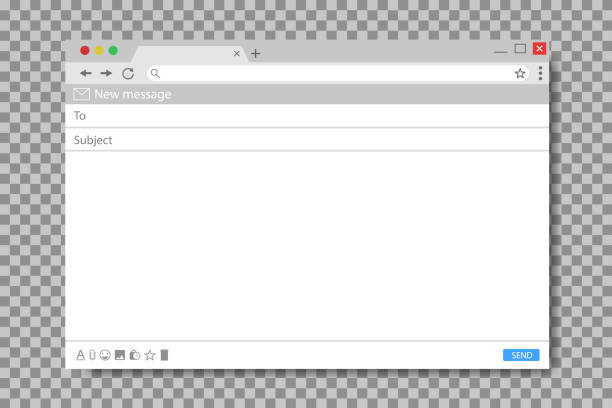 ilustrações de stock, clip art, desenhos animados e ícones de email message template. mockup blank mail screen window. browser interface with with send form of mail box. flat email page for message. blank ui design. frame interface for website. vector - browser internet web page window