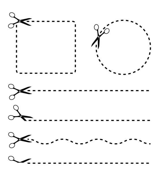 ilustrações, clipart, desenhos animados e ícones de corte com uma tesoura em uma linha tracejada. corte de fronteira para adesivo de papel, etiqueta, banner. ícone da linha de recorte para venda, desconto, promoção. retângulo e quadro de voucher círculo. símbolo de corte. vetor - coupon scissors sale frame