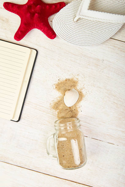 istock Notebook, starfishes and seashells, glass with sand 1189556597