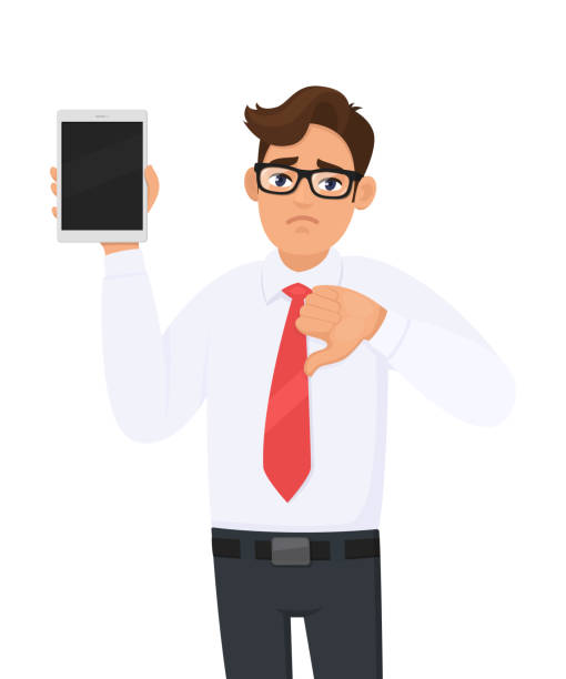 ilustrações de stock, clip art, desenhos animados e ícones de unhappy businessman showing new tablet computer and making or gesturing thumb down sign. person holding a digital tab. male character illustration. dislike, bad, negative concept in vector cartoon. - digital tablet businessman sparse distraught