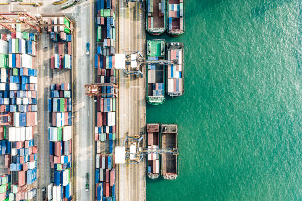 istock Aerial view of colorful container terminal 1189558681