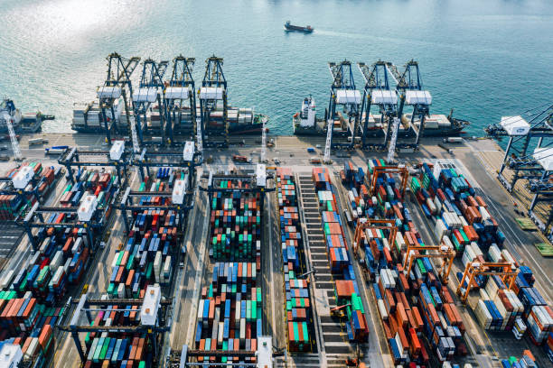 istock Aerial view of colorful container terminal 1189560150