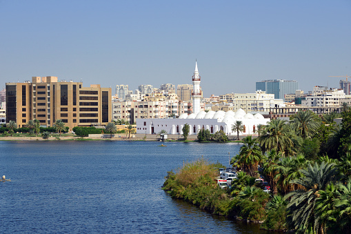 View over Al Arba'een lake and surrounding buildings, with Juffali Mosque at the center, Al-Balad district, Jeddah, Mecca Region, Saudi Arabia