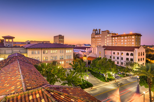 Lakeland, Florida, USA downown cityscape at city hall during dusk.