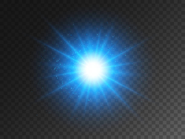 Blue glowing star on transparent backdrop. Christmas light effect with magic particles. Bright glitter and glare. Magical explosion and stardust. Big energy flash. Vector illustration.