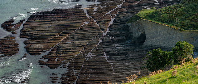 Zumaia flysch geological strata layers ultrawide panoramic view, Basque Country