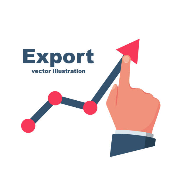 Export growth. Hand raising chart up. Export growth. Hand raising chart up. Template global logistic distribution service. Vector illustration flat design. Isolated on white background. Arrow diagram up. grotesque stock illustrations