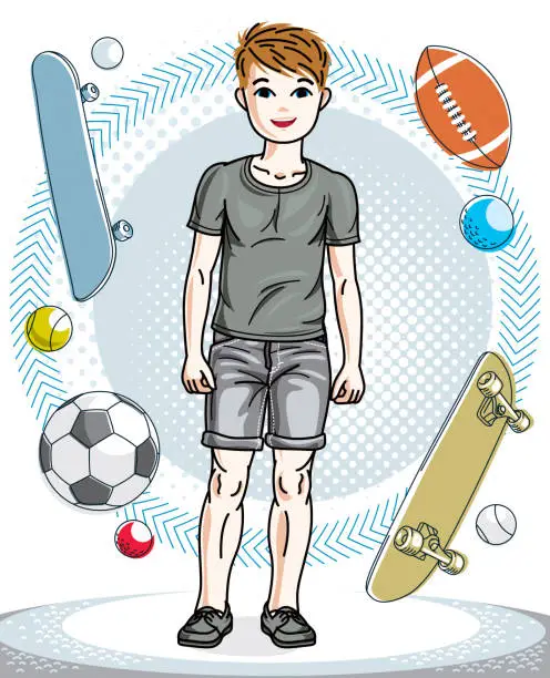 Vector illustration of Cute happy young teen boy posing wearing fashionable casual clothes. Vector kid illustration. Fashion theme clipart.