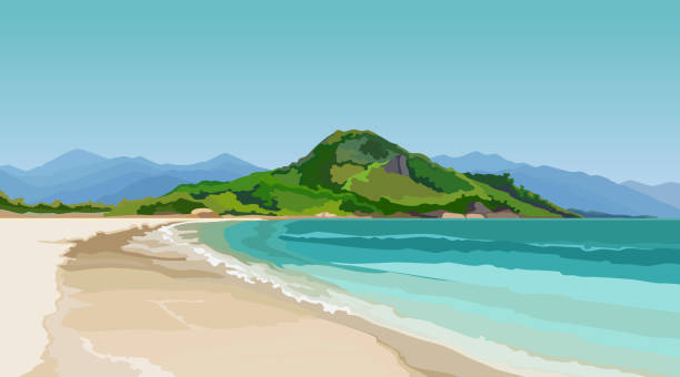 türkisfarbenes meer mit sandigem strand umgeben von bergen - wasserrand stock-grafiken, -clipart, -cartoons und -symbole