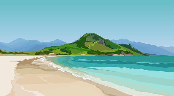 Turquoise sea with a sandy beach surrounded by mountains. Vector image