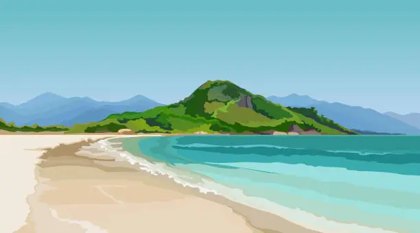 Vector illustration of turquoise sea with a sandy beach surrounded by mountains