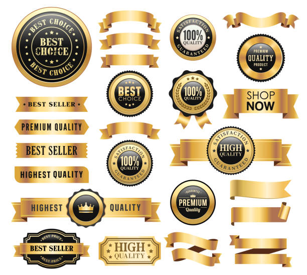 ilustrações de stock, clip art, desenhos animados e ícones de gold badges and ribbons set - ribbon banner internet label