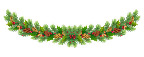 istock Christmas and Happy New Year border/wreath/garland with fir-tree tree branches and red berries, cones, acorns, mistletoe 1189570504