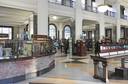 The inside of the General Post Office (GPO) in O'Connell Street, where the 1916 rising took place, and still a working post office.