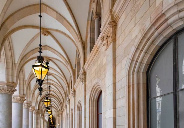 Beautiful details of corridor, Town Hall or Rathaus in Vienna, Austria.