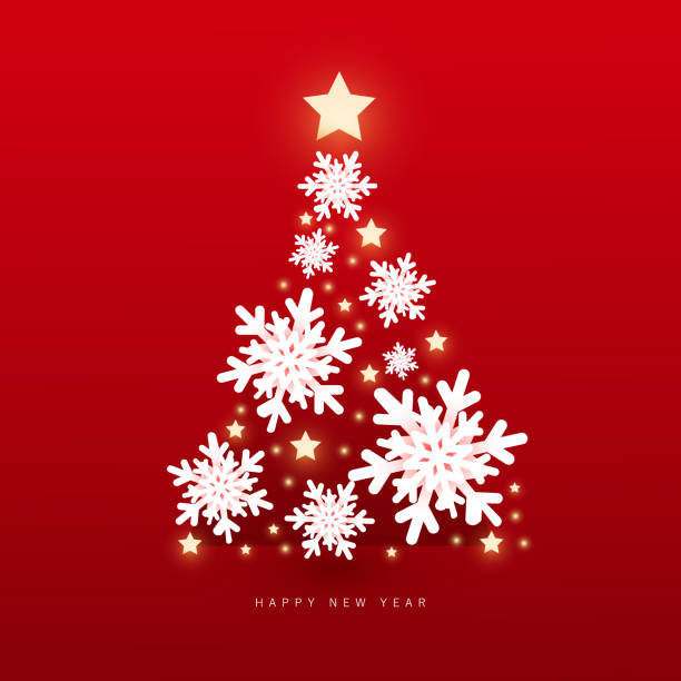 weihnachten und glücklich neues jahr vektor hintergrund mit kristall schneeflocken weihnachtsbaum mit glänzenden lichtern - sale holiday christmas ornament red stock-grafiken, -clipart, -cartoons und -symbole