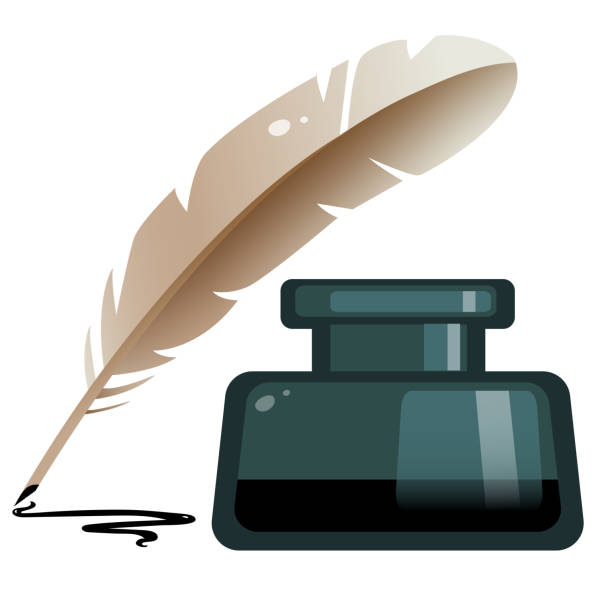 Color image of inkwell with feather pen on white background. Vector illustration. Color image of inkwell with feather pen on white background. Vector illustration. ink well stock illustrations