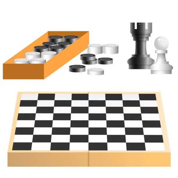 Vector illustration of Color image of chessboard with chess and checkers on white background. Board games and leisure. Vector illustration set.