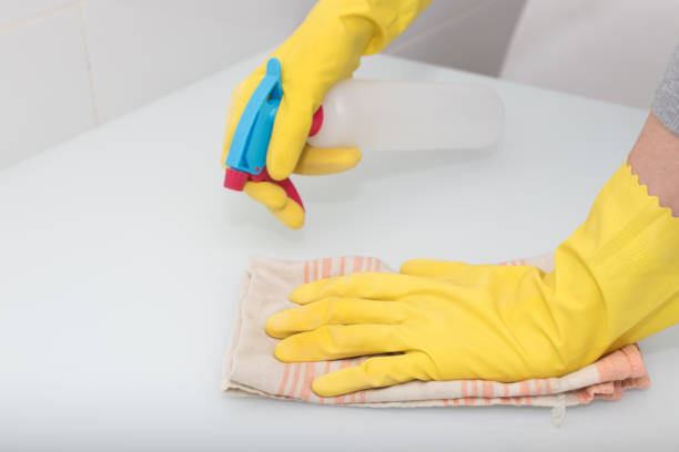istock hands with gloves cleaning with spray 1189579129