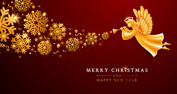 Merry Christmas and Happy New Year greeting card template. Golden Angel with wings, nimbus and trumpet flying with chic blizzard of snowflakes, tinsels and sequins on elegant dark background. Vector.