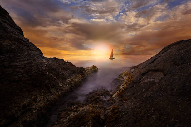 Sunset between the rocks of the coast