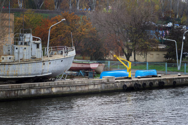 istock Ship bay with old boats on the river bank 1189581494