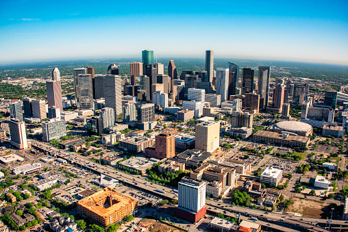 Dallas, USA - November 6, 2023: perspective of skyscraper fountain place downtown in Dallas, USA.