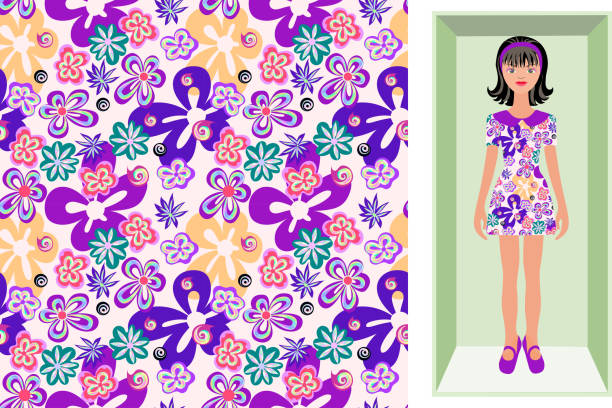 vektor nahtlose schöne blumenmuster für baby-kleidung stoff, verpackung, schal, hijab. cartoon brünette puppe in einem karton in einem kleid mit bunten kreativen blumen auf einem rosa hintergrund - asian ethnicity pattern textile seamless stock-grafiken, -clipart, -cartoons und -symbole