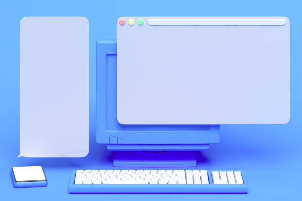 istock Blue PC with blank screen near blue mobile phone with blank screen. Speech Text bubbles above gadgets, 3d rendering 1189583830