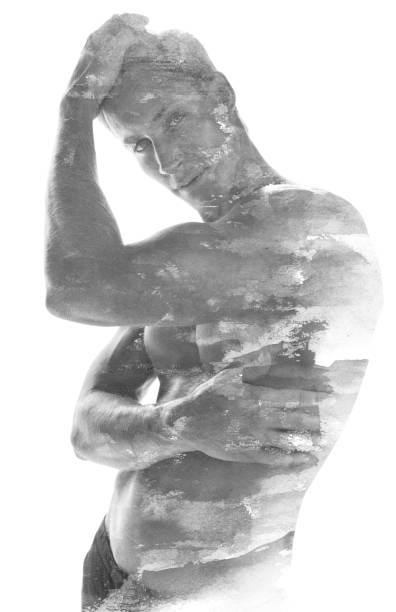 paintography. double exposure of a young shirtless male model blended with hand drawn paintings on white background - shirtless men bizarre male imagens e fotografias de stock