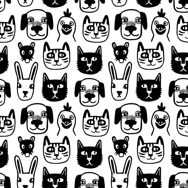 ilustrações de stock, clip art, desenhos animados e ícones de seamless pattern with cute animals. - comic book animal pets kitten
