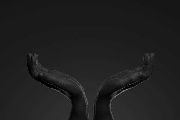 istock Realistic black human hands with empty space as showcase isolated on black background. 3d rendering. 1189585717