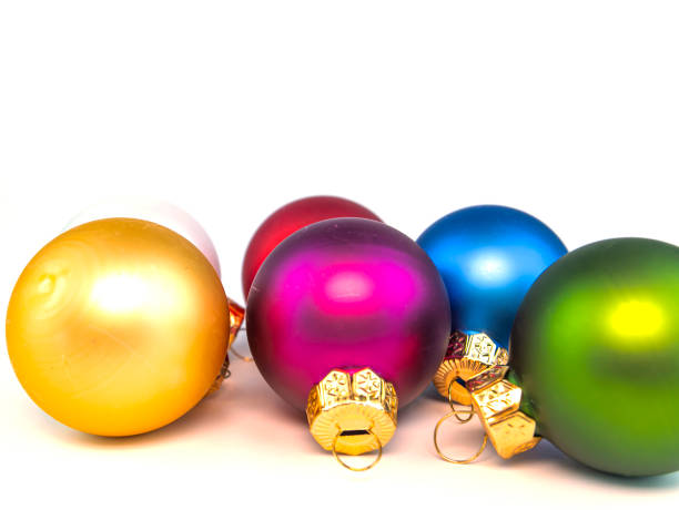 Christmas tree toys on a white background. Christmas holidays. Place for text. Background image.