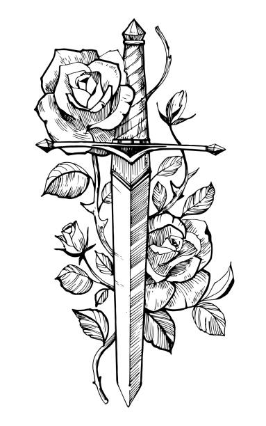 ilustrações, clipart, desenhos animados e ícones de espada com rosas. esboço de tatuagem.  ilustração desenhada à mão convertida em vetor. isolado no fundo branco. - sword