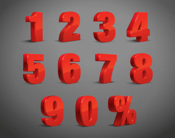 istock 3D Red Metallic Letter. 0, 1, 2, 3, 4, 5, 6, 7, 8, 9 numeral and percent alphabet. Vector Isolated Number. 1189593717