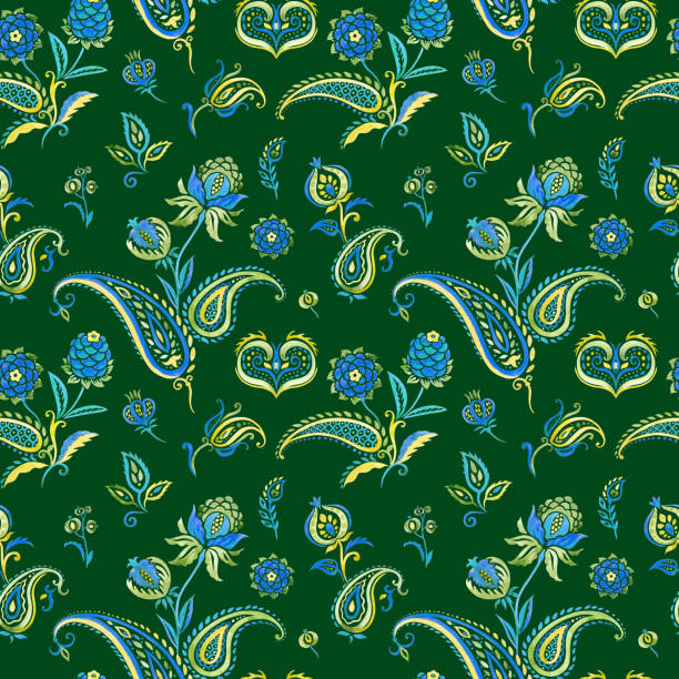 пейсли бесшовный узор на зеленом фоне, акварель - india indian culture pattern paisley stock illustrations