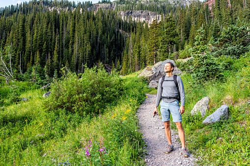 Man hiker standing with backpack on green alpine rocky meadow by pink fireweed wildflowers on trail to Ice lake near Silverton, Colorado in August 2019 summer